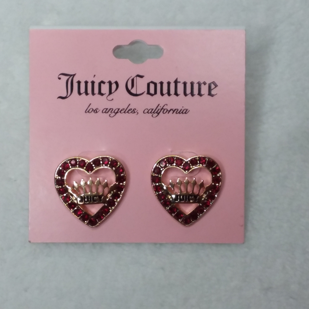 Stud Heart Pierce Earrings Gold Tone Red Rhinestones Juicy Couture - Picture 1 of 4